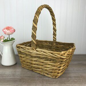 Large Vintage Natural Wicker Basket w/ Handle, Carry Basket, Fall Decor, Boho